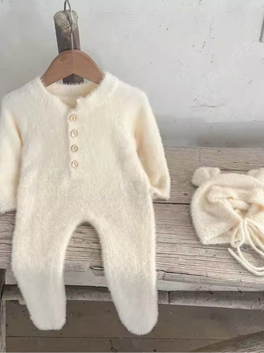 Baby Cozy Knit One-Piece with Hat - Cream